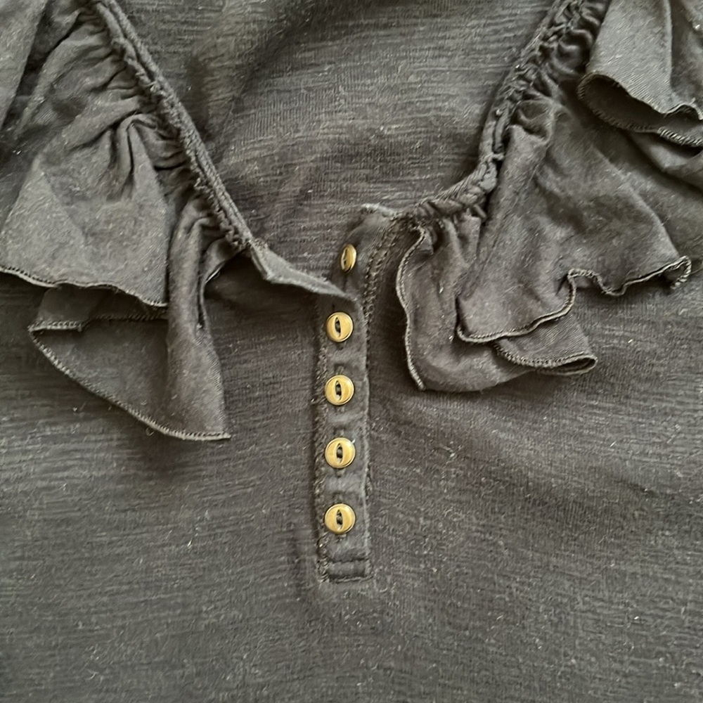 Chaps Y2K Style Black Ruffle Collar 3/4 Sleeve 100% Cotton Knit T-Shirt Blouse - Picture 5 of 11